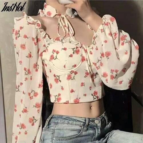 2021 New Sexy Women Tops Gothic Floral Print Elegant Chiffon Blouse Shirts Long Sleeve Pink Lady Crop Tops Clothing