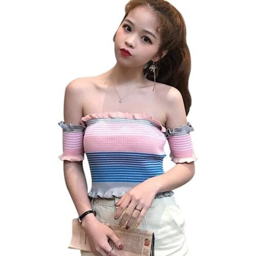 Knitted Ruffles Sexy Slash Neck T-shirt Top Summer Striped Short Sleeve Off Shoulder Tee