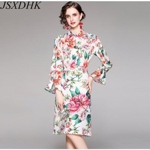 Fashion Autumn Women Shirts And Skirt 2 Piece Set Chiffon Flower Printed Flare Sleeve Blouse + Floral Split Bodycon Skirt Suits