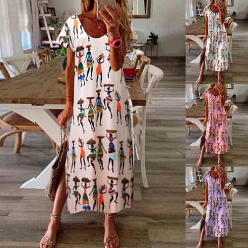 @ Womens Plus Size Dress Holiday O Neck Print Dress Ladies Summer Short Sleeves Beach Party Dress Vestidos Verano 2019 Mujer