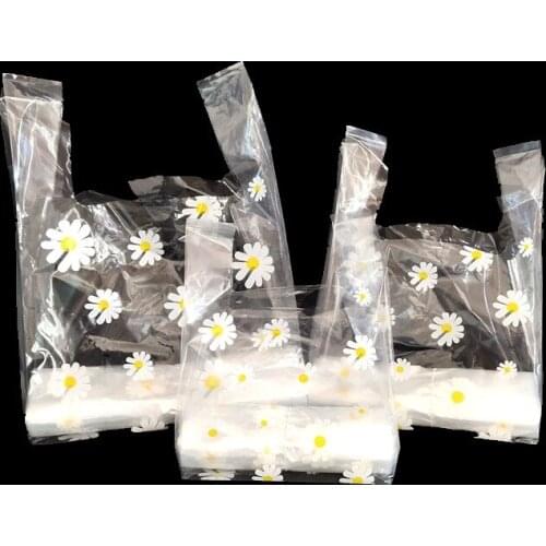 50Pcs/Pack Fresh Daisy Plastic Baking Packing Bag Small Clear Jewelry Storage Bag With Handle Transparent Gift Bag