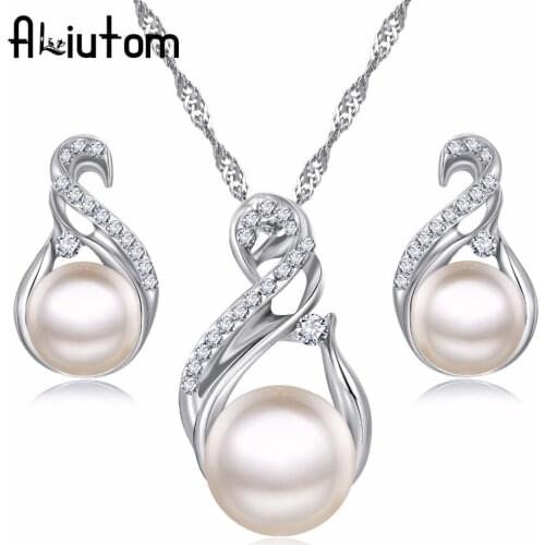 ALIUTOM Trendy Jewelry Sets Wedding Silver Color Earrings Simulated Pearl Jewelry Set Women Necklace Set Bijoux collier brincos