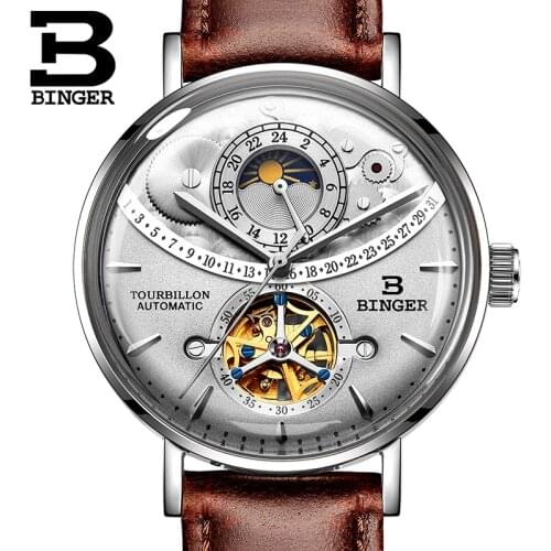 BINGER Brand Men watch steel leather automatic mechanical moon phase waterproof surface Tourbillon design dial Free Shipping