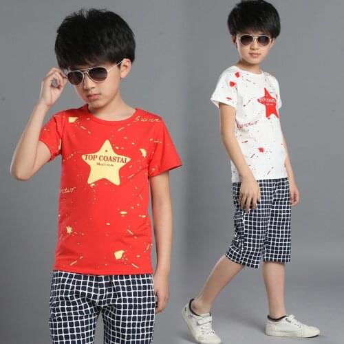 Children Summer New Star Suite Kids Sports Wear Cotton Short Sleeved T Shirt +pants Suit 2pc Boys Girl Sets 4-14 Ages
