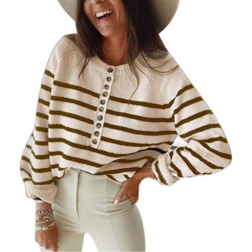 Fashion Knit Jumper Women Autumn Winter Long Sleeve Button Round Neck Vintage Lady Sweater Pullover Pull