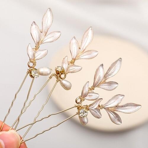 FORSEVEN Gold Color Simple Leaf Crystal Pearls U Shaped Hairpins Clips Hair Forks Sticks for Bride Noiva Wedding Hair Decor