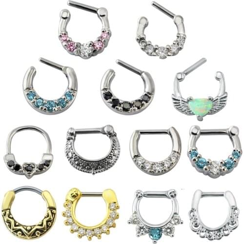 Geometric White Cubic Zirconia Septum Nose Rings Studs Stainless Steel 16g Septum Clicker Rings Fashion Body Piercing Jewelry