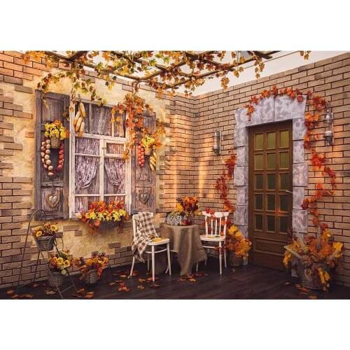 Halloween Leaves Flowers Brick Wall Wooden Door Photographic Backgrounds Vinyl Backdrops for Children Photo Studio Photophone