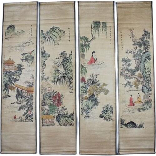 China Old Scroll Painting Four Screen Paintings Middle Hall Hanging Painting Zhang Hongqians Landscape Paintings