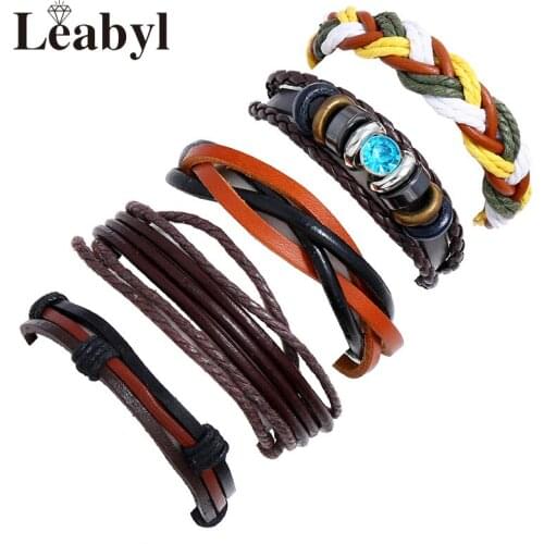 Leabyl Casual Classic Multi Color Braided Rope Leather Strap Vintage Bracelet Set Cow Leather Wrap Men Punk Bracelet 5 Psc/Set