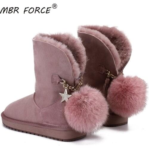 MBR FORCE Sheepskin Leather Wool Fur Lined Suede Casual Winter Boots for Women Snow Boots Fox Fur Pom-pom Star Tassels Dusk Grey