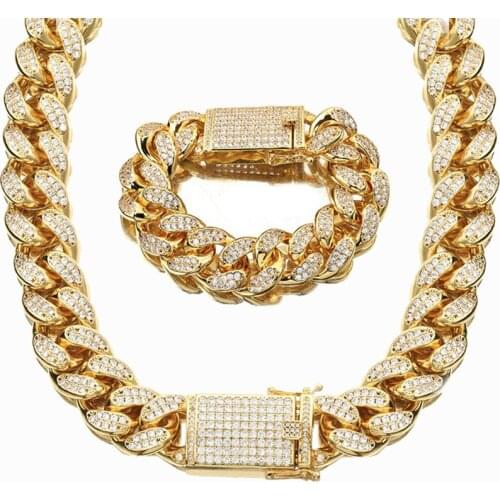 18mm Hip Hop Stainless Steel Iced Out CZ Mens Electroplated Gold Plated Miami Cuban Link Chain Necklace Bracelet cz Jewelry set