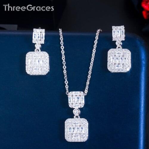 ThreeGraces 2020 Sparkling White CZ Stone Pave Geometric Silver Color Drop Earring Pendant Necklace Jewelry Sets for Women JS523