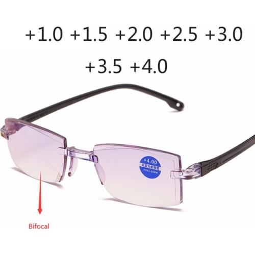 Men Women Rimless Reading Glasses Bifocal Far Near Anti Blue Light Magnification Eyewear Presbyopic Glasses Diopter +150 +200