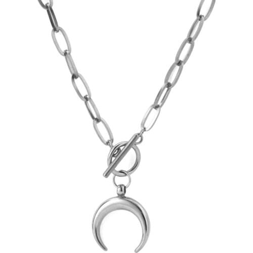 100% Stainless Steel Crescent Half Moon Toggle Necklaces Metal Ox Horn Luna Necklace Chunky Heavy Duty Chain Choker Collar