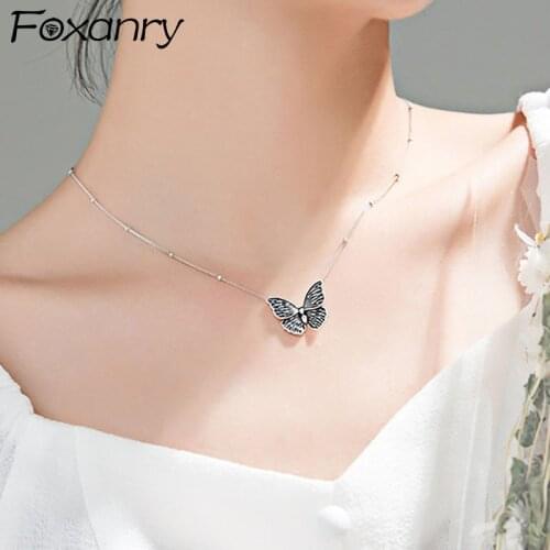 Foxanry 925 Sterling Silver Butterfly Necklace Vintage Fashion Clavicle Chain Elegant Thai Silver Party Jewelry Gifts for Women