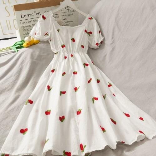 WEIHAOBANG Strawberry Dress Kawaii Embroidery Puff Sleeve Dress Women Vintage A-line White Square Neck Beach Dresses 2021
