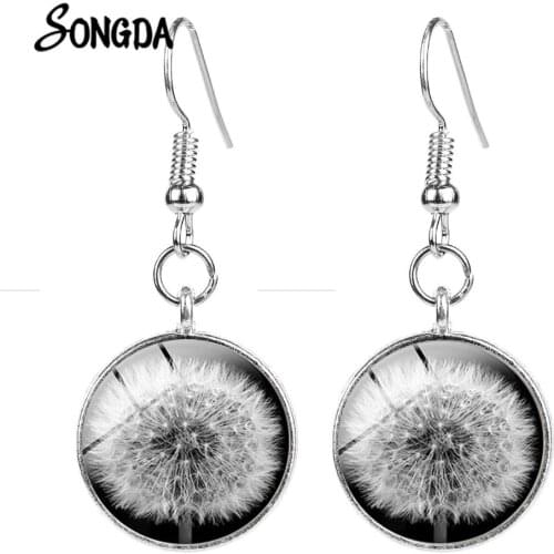 Vintage Dandelion Dangle Earrings White Pink Dandelion Flowers Glass Cabochon Wish Summer Earrings Women Elegant Jewelry