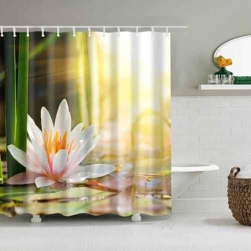 Natural Plant Shower Curtain Water Lotus Fashion Bath Accessories Set with 12 Hooks Waterproof Polyester Fabric Bathroom Decor