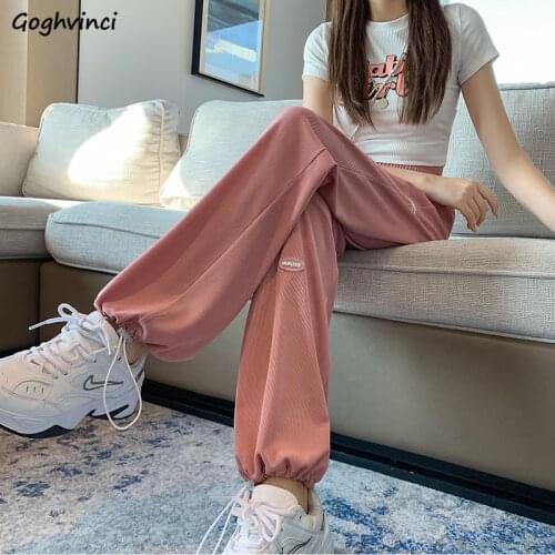 Women Pants Drawstring Baggy High Waist Simple Sweatpants Students Summer Draped Straight Bundle Trousers Ankle-length Chic Cozy