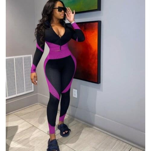 Women Running Sets Two Pieces Tracksuit Color Block Sport Suits Zipper V Neck Long Sleeve Top High Waist Leggings Workout Set