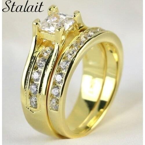 Princess Style 2019 New 2pcs/set Gold Color Wedding Ring Set High Quality White Cubic Zirconia Fashion Jewelry for Woman