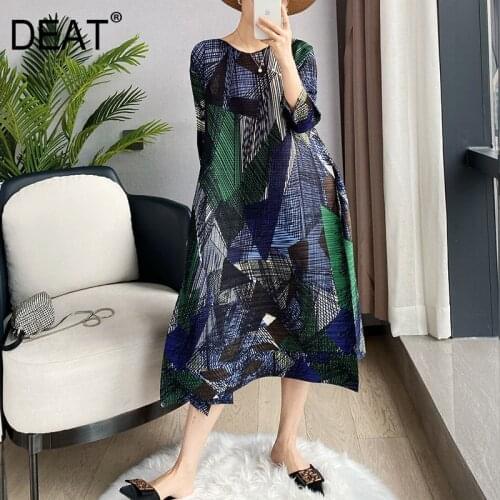 DEAT Frilly Dress Woman Loose Geometric Print Seven Sleeve Round Collar Knee Length Causal Style 2021 New Summer Fashion15XF558
