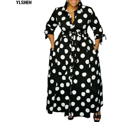 African Dresses for Women Black Polka Dot Print Dashiki Dress African Clothes Plus Size Long Sleeve Button Shirt Africa Dress