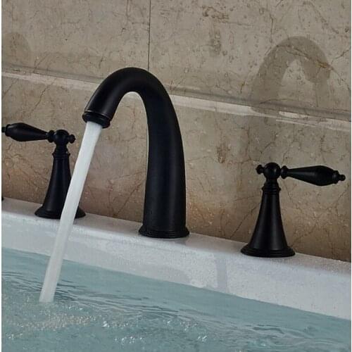 Deck Mounted 3 Holes Bath Tub Mixer Tap Black Oil Rubbed Antique Brass Widespread 2 Handles bathroom basin Faucet anf011