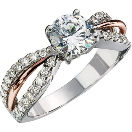 Huitan Delicate Bow Shape Women Rings Two Tone 4 Claw Round Crystal Zircon Stone Fashion Female Wedding Band Jewelry Beauty Gift