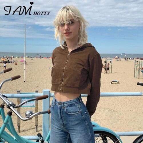 Brown Cropped Hoodies Women Casual Kawaii Zip-up Sweatshirt For Girls Long Sleeve Pockets Aesthetic Jacket Autumn 90s Iamhotty