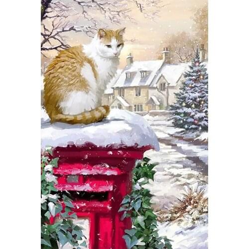 Cat on Mailbox Winter Snow Day Diamond Painting Round Full Drill Scenic Nouveaute DIY Mosaic Embroidery 5D Cross Stitch Gifts