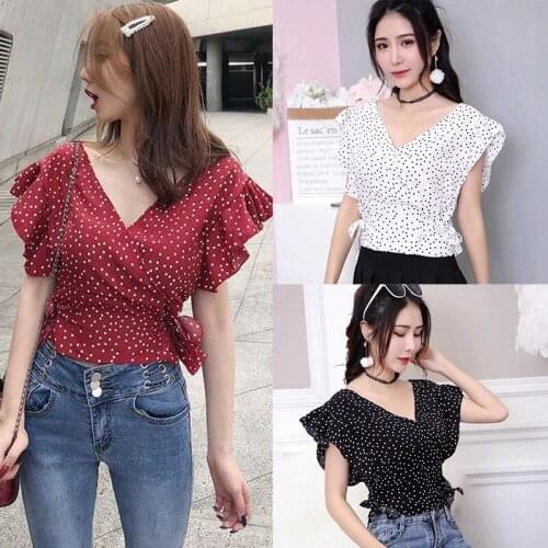 Sweet Polka Dots V-neck Pleated Blouse Short Petal Sleeve Elastic High Waist Bowtie Chiffon Shirts Sexy Ruffles Tops