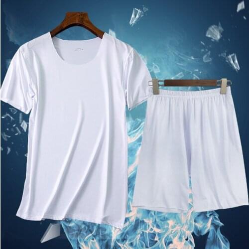 2021 summer mens ice silk traceless elastic breathable T-shirt shorts casual home clothes thin pajamas 2-piece set
