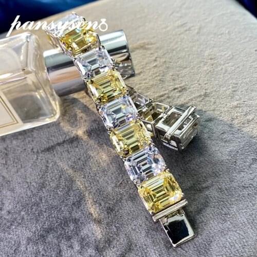 PANSYSEN 100% 925 Sterling Silver 17CM Emerald Cut Created Moissanite Citrine Gemstone Bracelets Girls Party Fine Jewelry Gifts