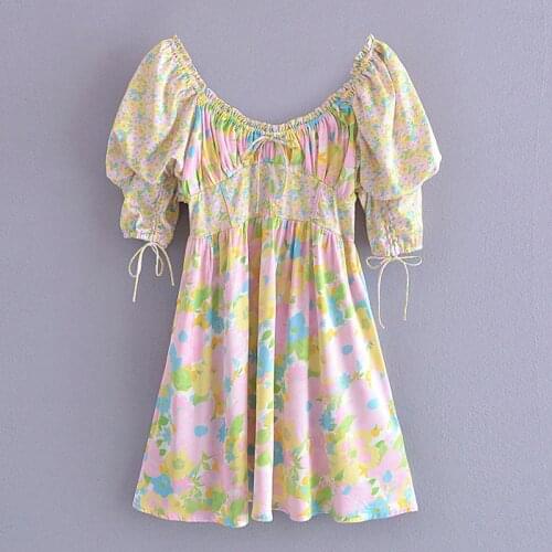 YENKYE Summer Women Sweet Floral Print Holiday Party Dress Sexy Collar Tie Cuffs Puff Sleeve A-line Slim Short Dress Ladies Robe