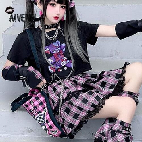 Japanese Harajuku Punk Girls Lace Plaid High Waist Pleated Sweet Lolita Mini Skirt Cosplay Costume Skirts Street Wear AFC845