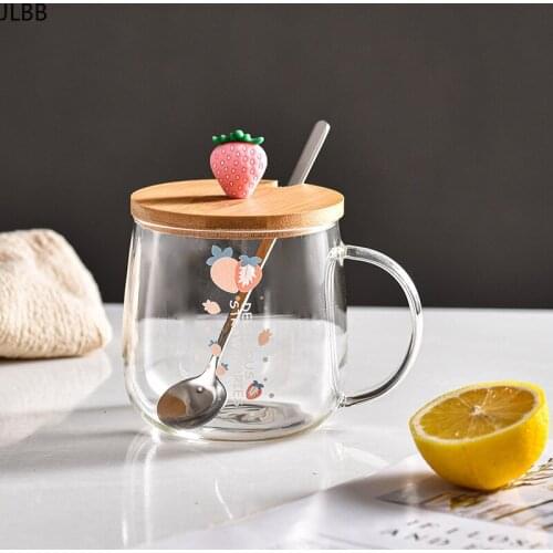 Novelty 3d Lid Cartoon Strawberry Cute Water Glass Transparent Mug Drinking Borosilicate Glasses Coffee Milk Juice Drinkware Cup
