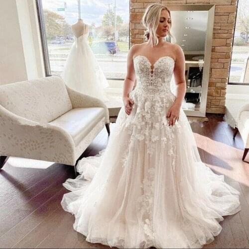 Plus Size Sweetheart Lace Appliques Wedding Dresses 2021 Soft Tulle Sleeveless Boho Bridal Gowns Formal Beach Vestidos De Mariee