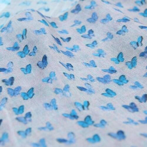 High quality ramie fabric Blue butterfly print tissus High grade comfortable gown dress cheongsam patchwork