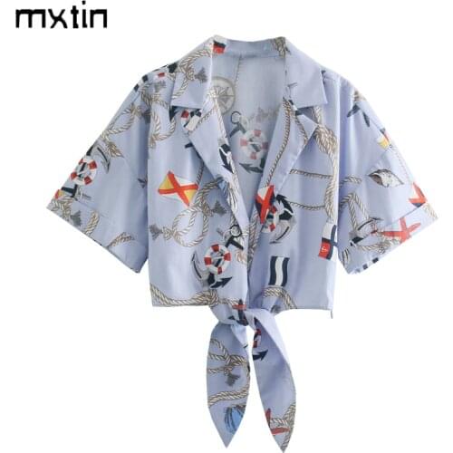 MXTIN 2020 Women Summer Fashion Print Cropped Blouses Elegant Bow Lapel Collar Shor Sleeves Female Shirts Blusas Chic Tops