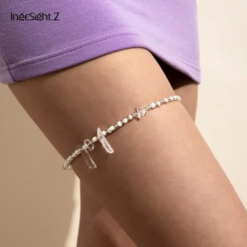 IngeSight.Z Boho Natural Crystal Mineral Column Harness Leg Chain Female Adjustable Elastic Seed Beaded Thigh Chain Body Jewelry
