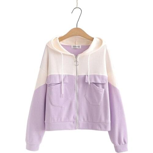 Womens Hooded Jacket 2021 Autumn Drawstring Long Sleeve Bomber Jacket For Female Casual Zipper Patchwork Outwear Coats