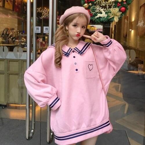 Japanese Harajuku Women School Uniform Sailor Collar White Blue Pink Oversized Pullover Embroidery Fleece Autumn Warm Outerwear