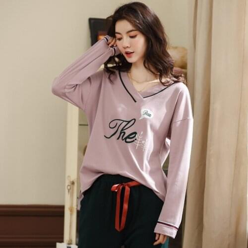 Women cotton pajamas women spring and autumn set cotton v neck long sleeve trousers casual two piece wholesale women pajama sets