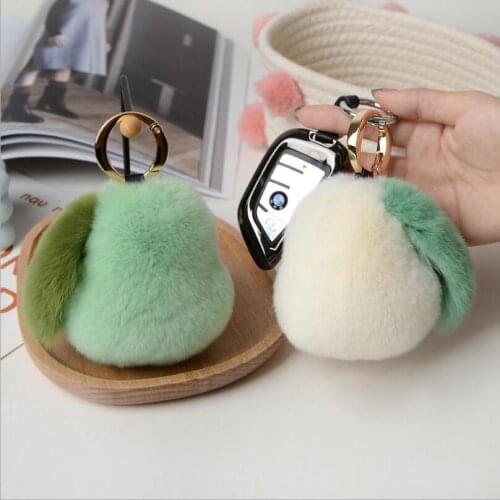 Real Rex Rabbit Fur Key Tag Pompom Fluffy Key Ring Pear Handmade Fruit Keychain Handbag Pendant