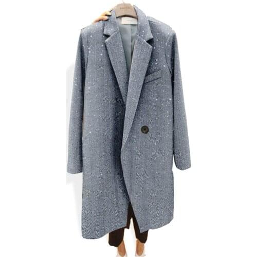 Spring And Autumn New Korean Women Wool Herringbone Blazer Temperament Casual Suit Sequins Jacket Mid-Length Windbreaker M634