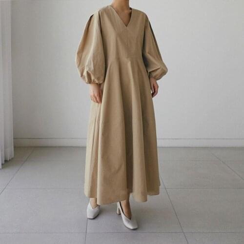 Korean Style Spring V-neck Dress Women Maxi Long Loose Fashion Casual Lantern Sleeve Elegant Dress Ladies Spring Vestidos 2021