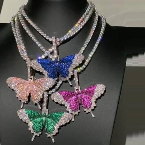 2021 Spring New Iced Out Bling Women Jewelry Micro Pave Colorful Blue Red Pink White CZ Butterfly Pendant Necklace