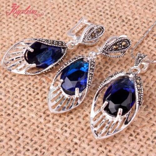 10x14mm Faceted Blue Oval CZ Crystal Vintage Tibetan Silver Earrings Pendant For Lady Party Fashion Pick Shape Free Shipping